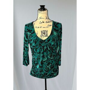 New York and Co Stretch Women's Large Black Green 3/4 Sleeve Blouse Top